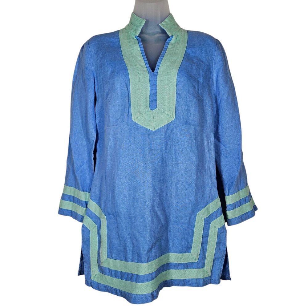 Sail‎ to Sable Tunic Womens XS 100% Linen Long Sleeve Shift Dress Lt Blue Green
